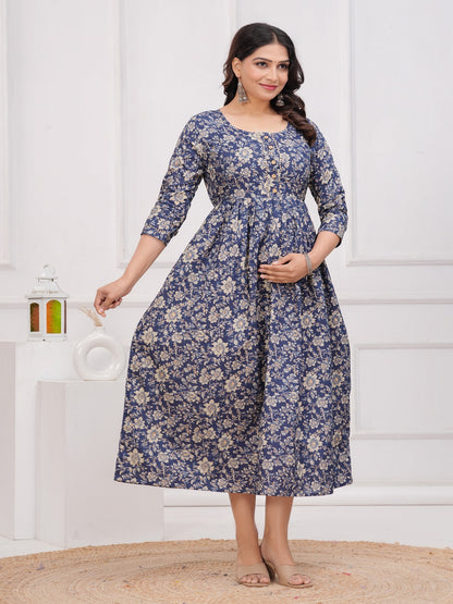 Blue fool cotton  maternity and feeding kurti
