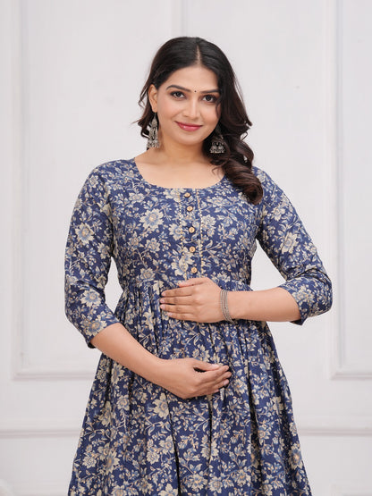 Blue fool cotton  maternity and feeding kurti