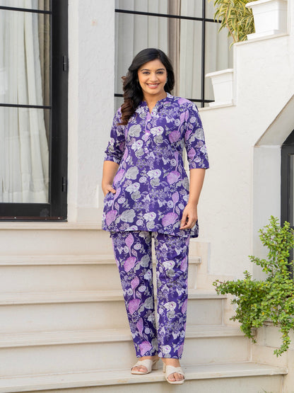 Purple flower cotton printed cord set