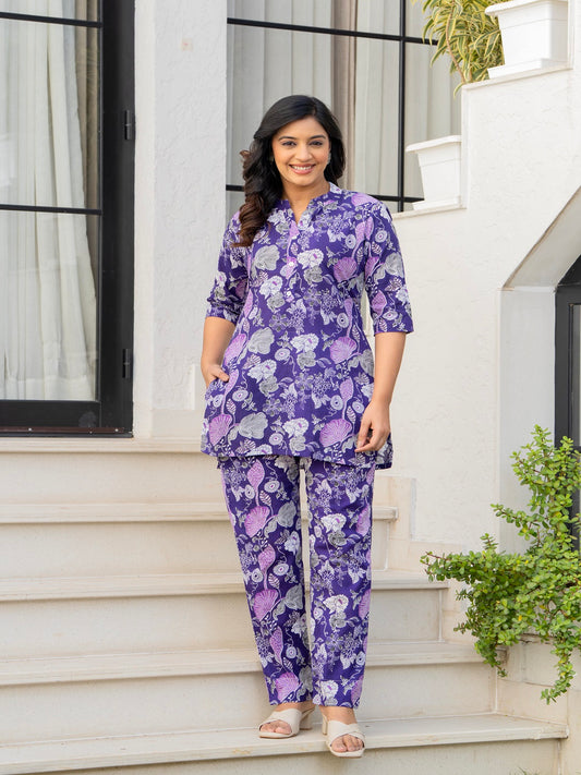 Purple flower cotton printed cord set