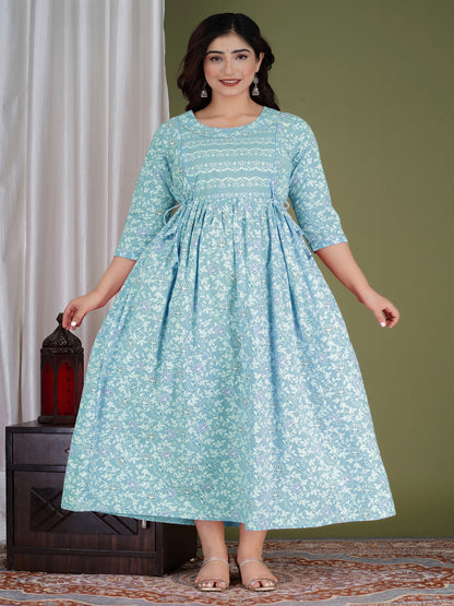 Sky blue blossom cotton maternity and feeding kurti
