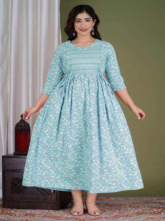Sky blue blossom cotton maternity and feeding kurti