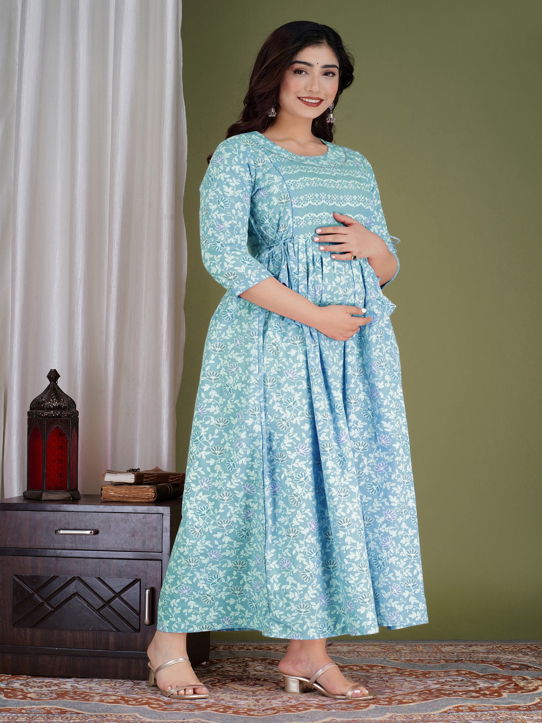 Sky blue blossom cotton maternity and feeding kurti