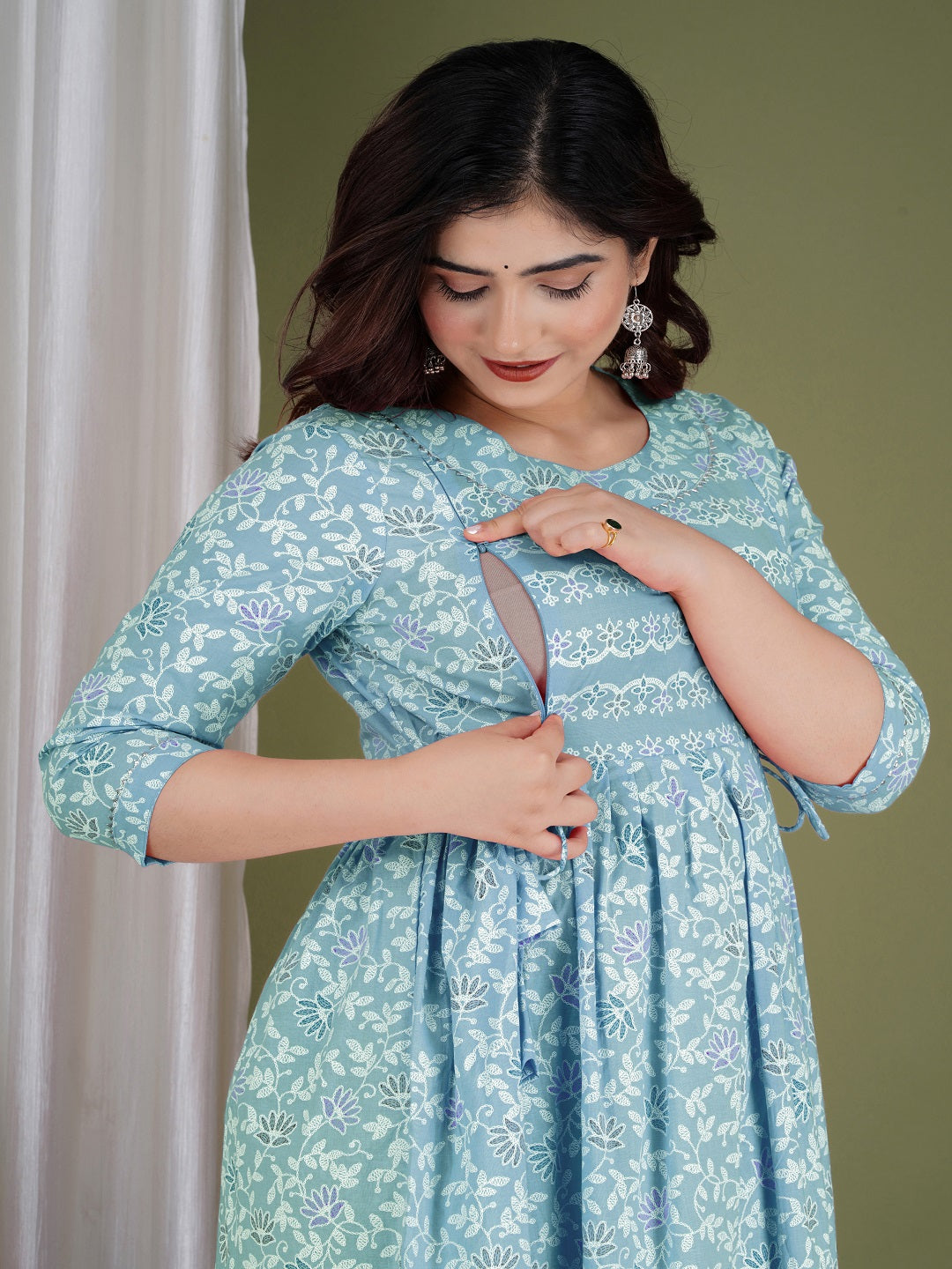 Sky blue blossom cotton maternity and feeding kurti
