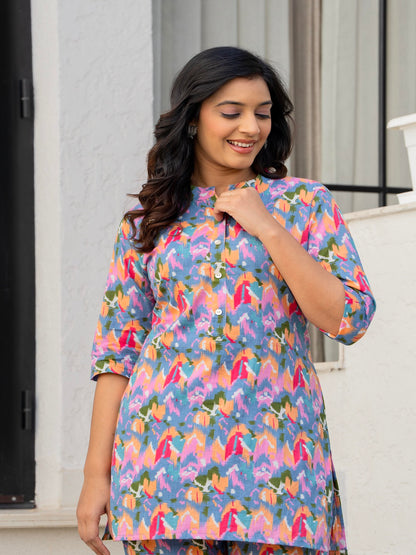 Pink flower cotton printed cord set