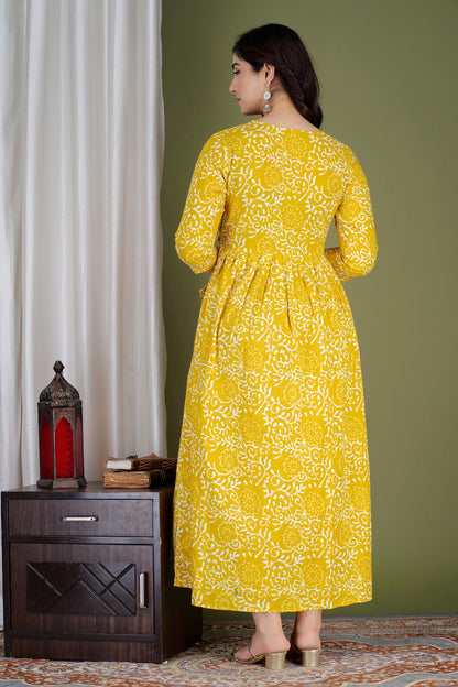 Yellow Printed Cotton maternity and feeding kurti