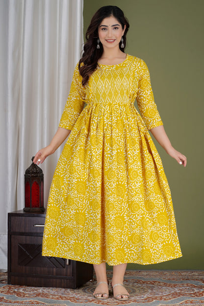 Yellow Printed Cotton maternity and feeding kurti