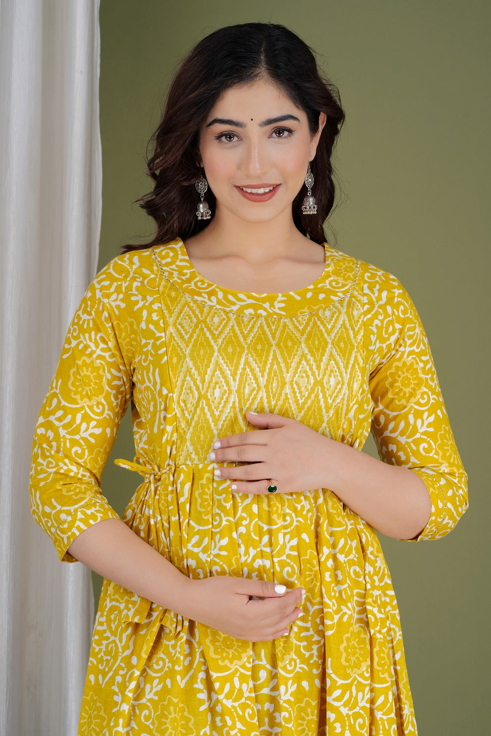 Yellow Printed Cotton maternity and feeding kurti