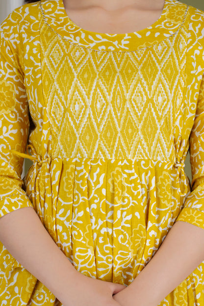 Yellow Printed Cotton maternity and feeding kurti