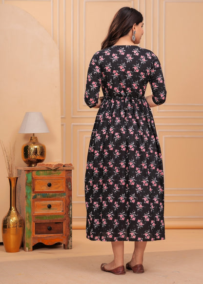 Black pink flower cotton maternity and feeding kurti