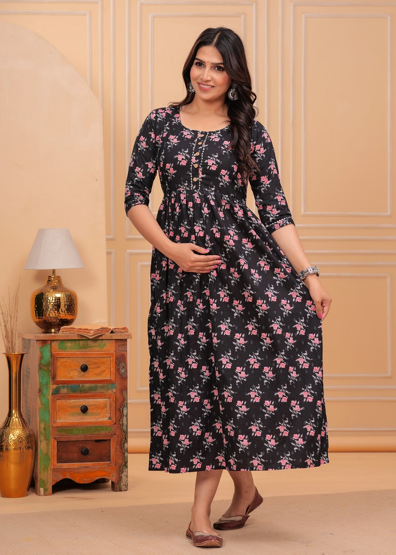 Black pink flower cotton maternity and feeding kurti