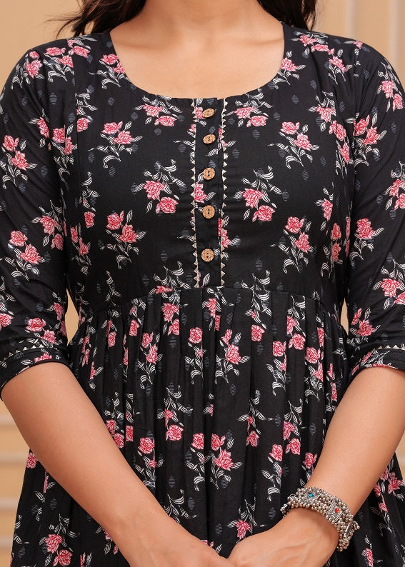 Black pink flower cotton maternity and feeding kurti