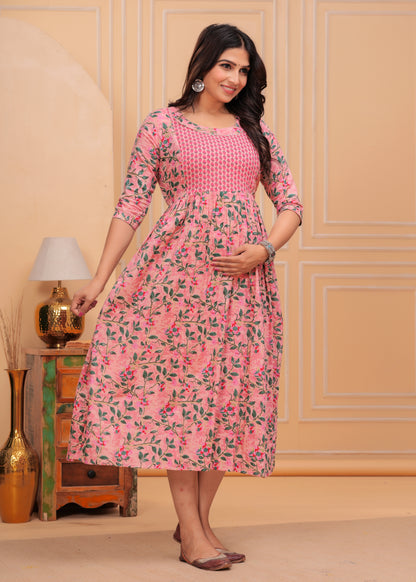 Pink peachu cotton maternity and feeding kurti