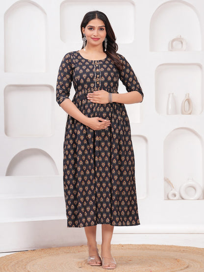 Black tringal cotton maternity and feeding kurti