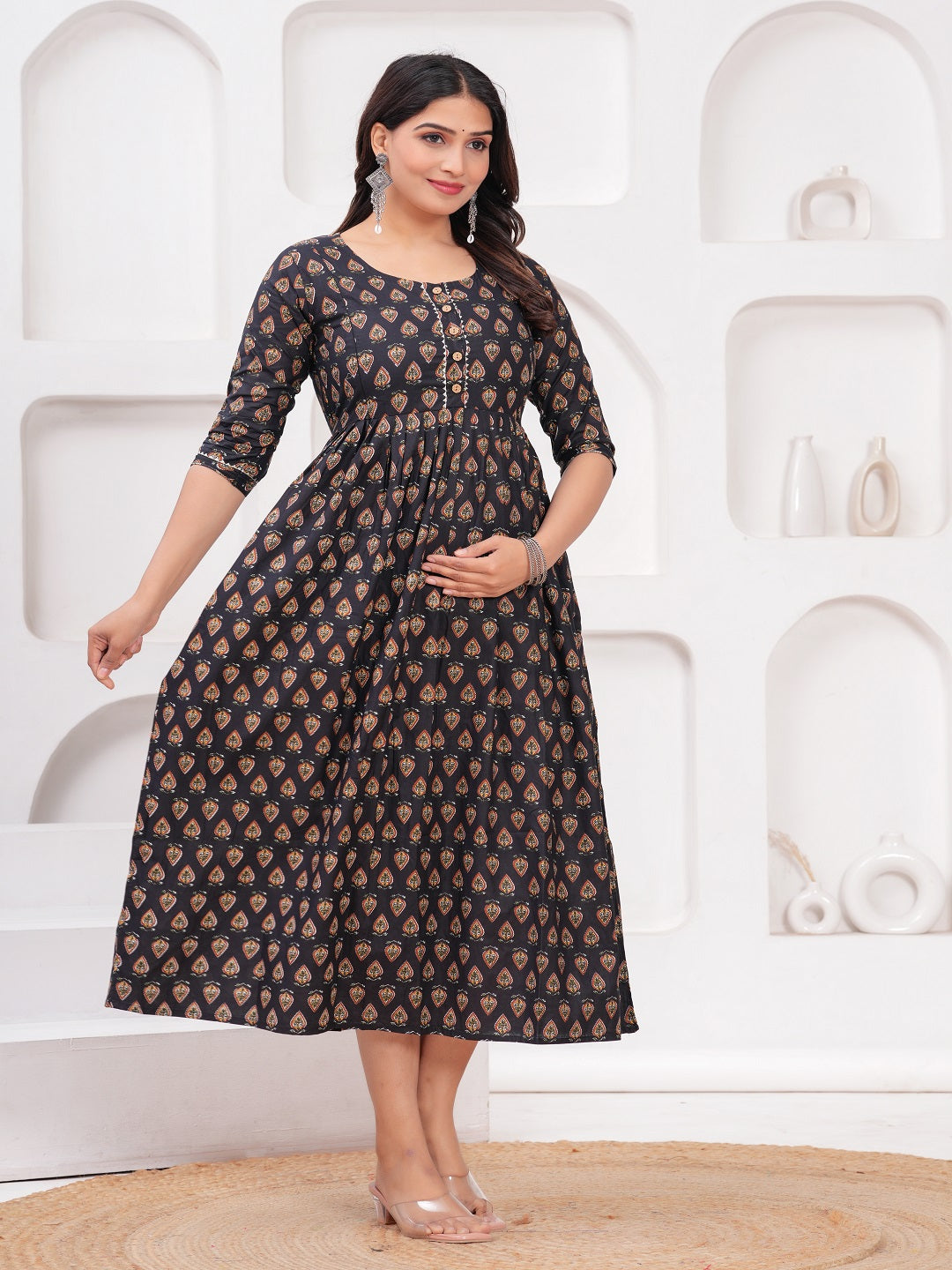 Black tringal cotton maternity and feeding kurti