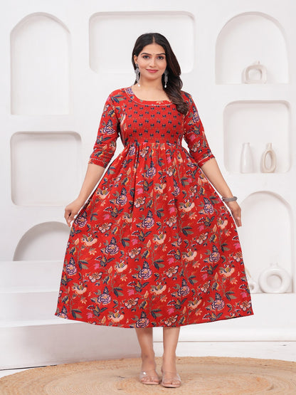 Red multi flower cotton maternity and feeding kurti