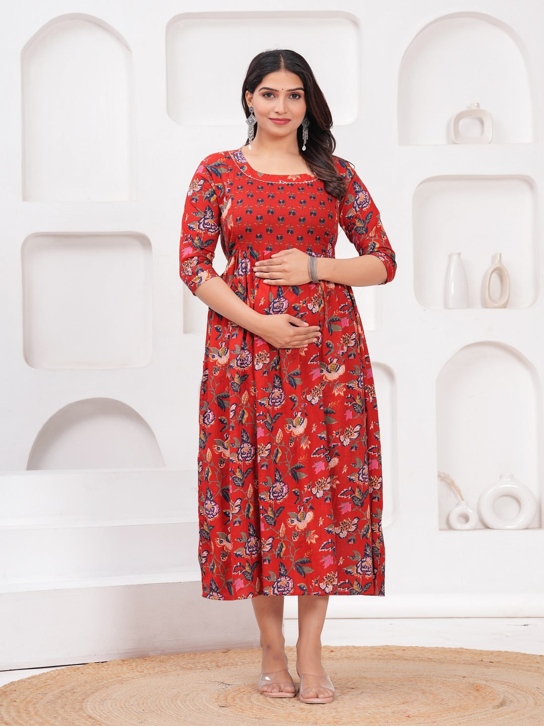 Red multi flower cotton maternity and feeding kurti