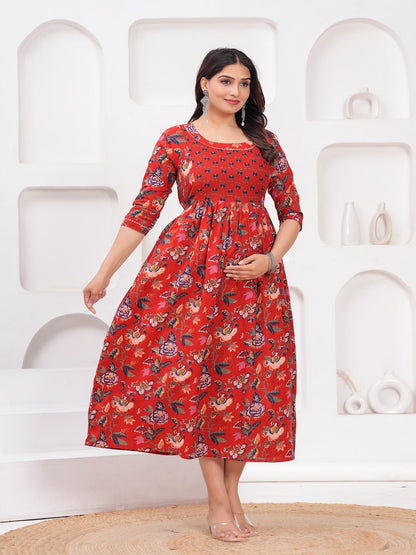 Red multi flower cotton maternity and feeding kurti