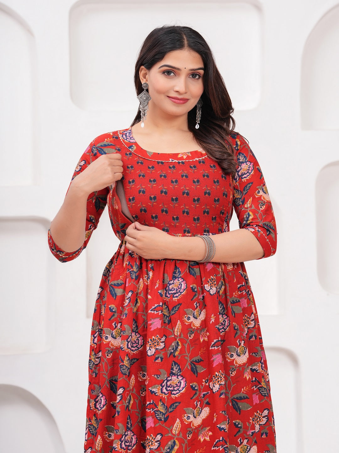 Red multi flower cotton maternity and feeding kurti