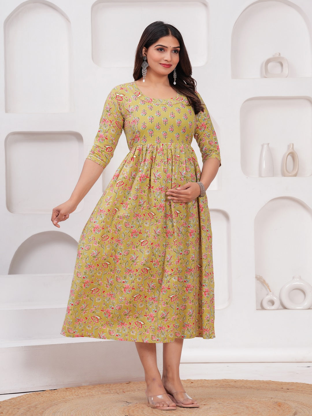 Light brown dot cotton maternity and feeding kurti