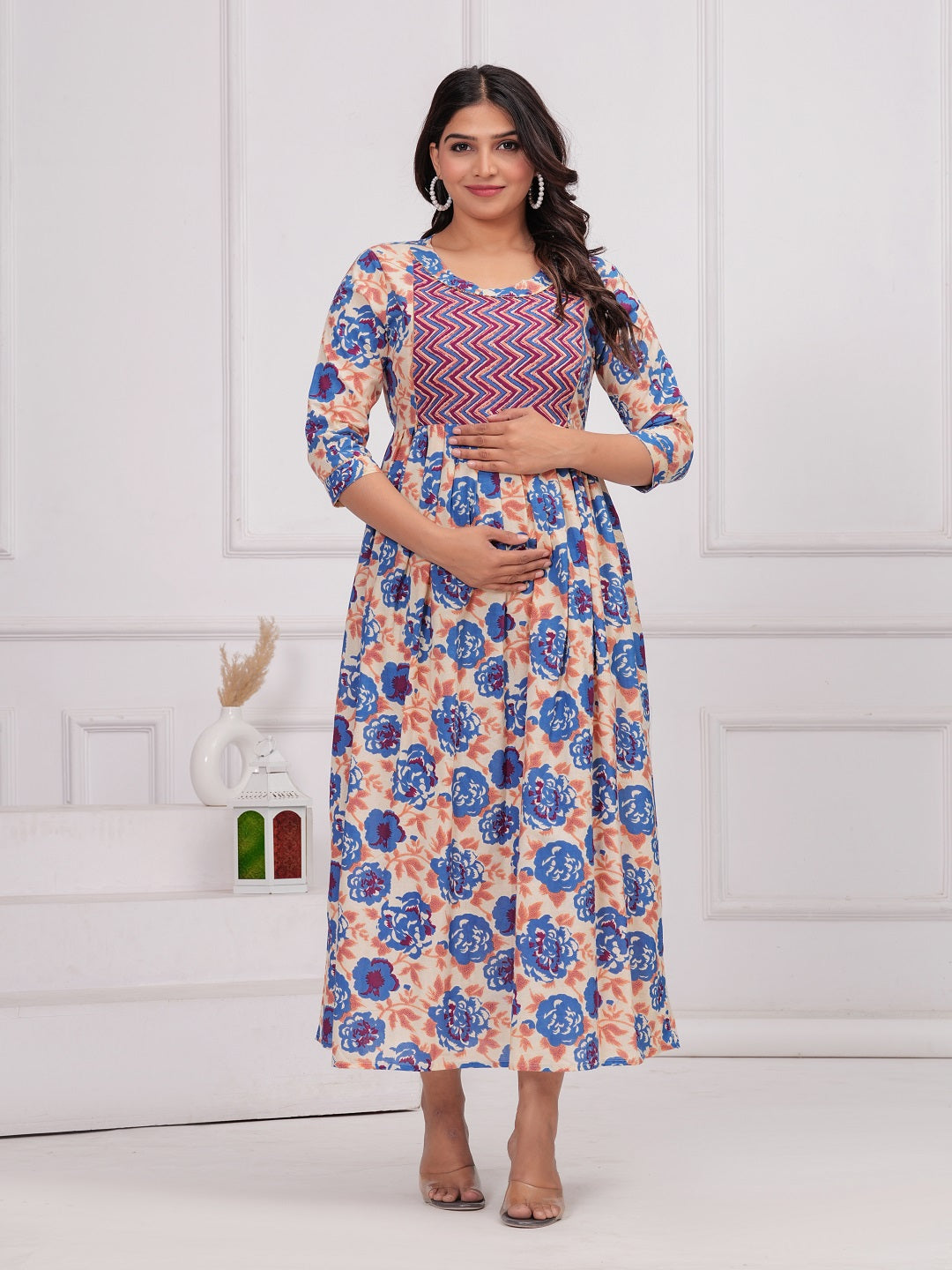 Blue mix cotton  maternity and feeding kurti