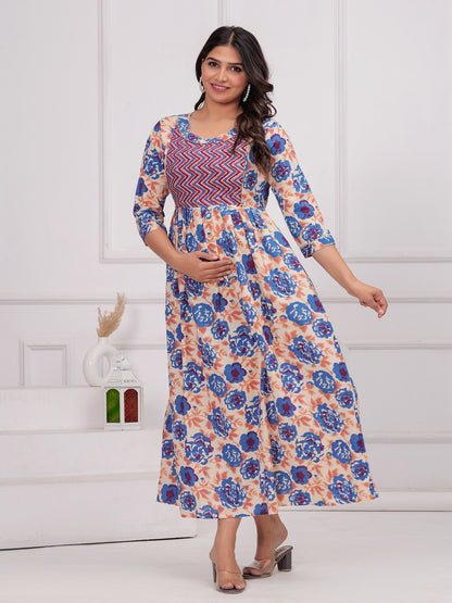 Blue mix cotton  maternity and feeding kurti
