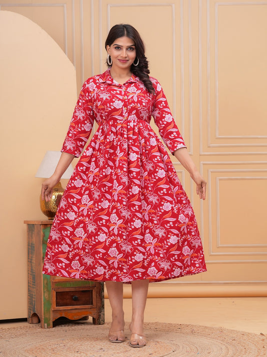 Red Flower rayon maternity and feeding kurti