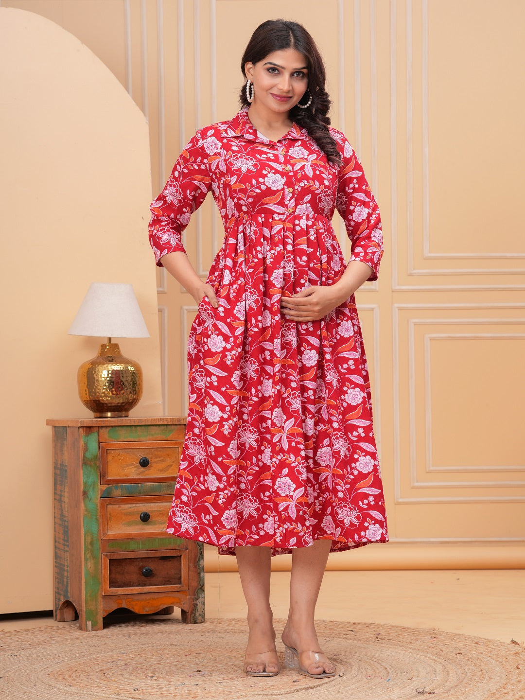 Red Flower rayon maternity and feeding kurti