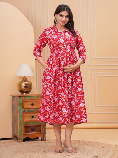Red Flower rayon maternity and feeding kurti