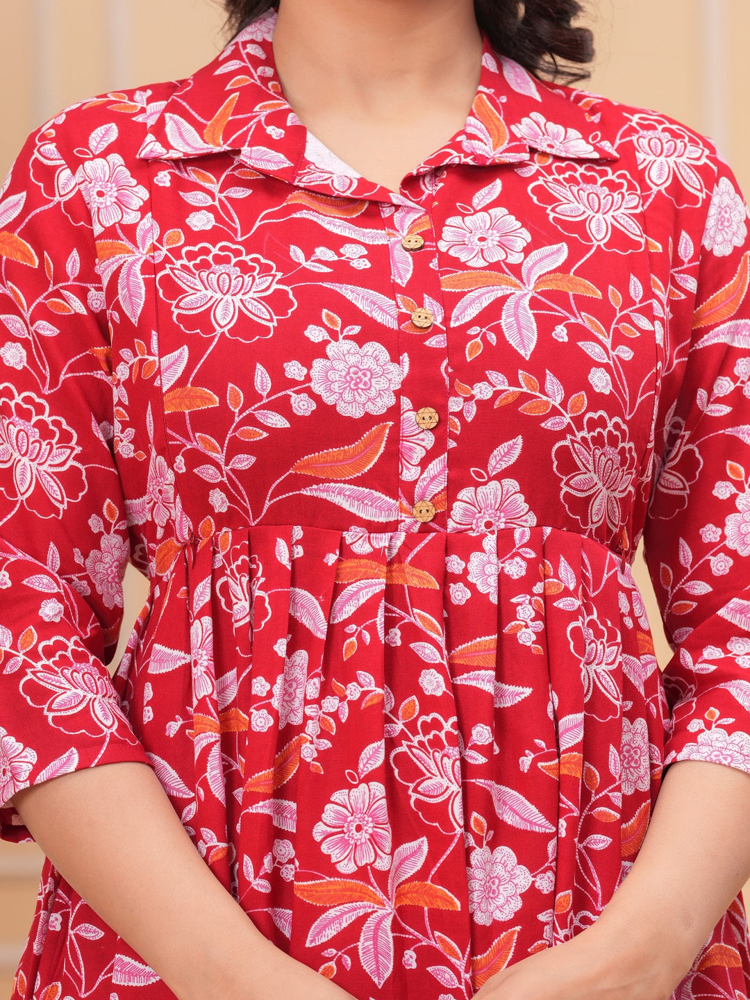 Red Flower rayon maternity and feeding kurti