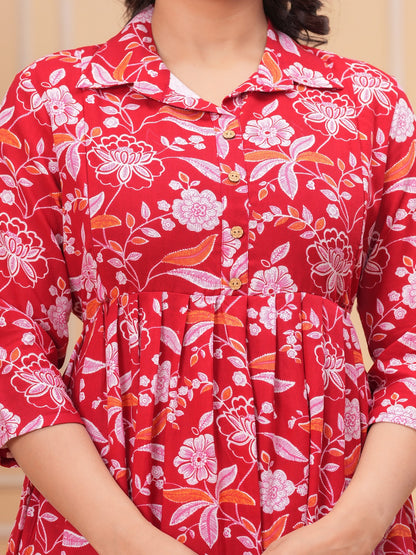 Red Flower rayon maternity and feeding kurti