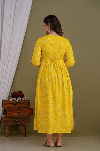 Yellow lahriya cotton maternity and feeding kurti