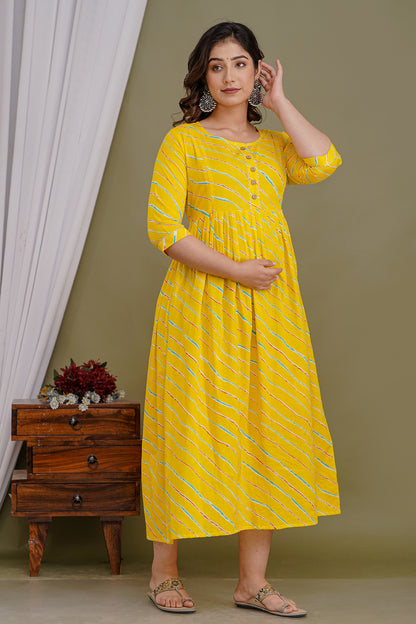 Yellow lahriya cotton maternity and feeding kurti