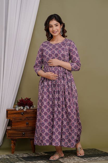 Purple ful flower Cotton maternity and feeding kurti