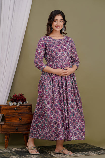 Purple ful flower Cotton maternity and feeding kurti