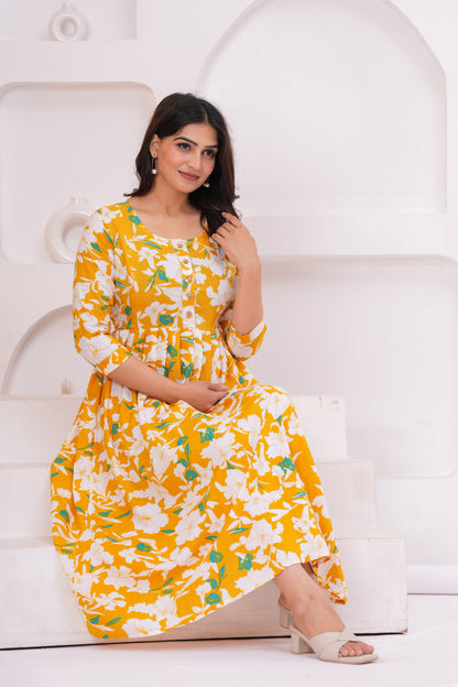 Yellow patkha rayon maternity and feeding kurti
