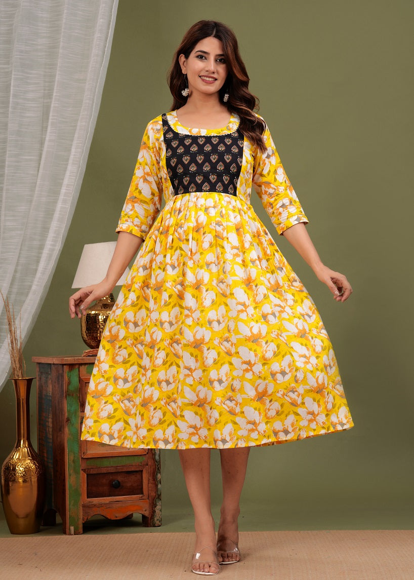 Releasing yellow cotton maternity and feeding kurti