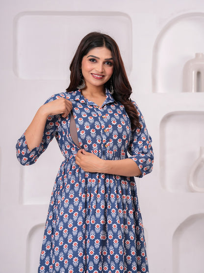 Blue smooth cotton maternity and feeding kurti