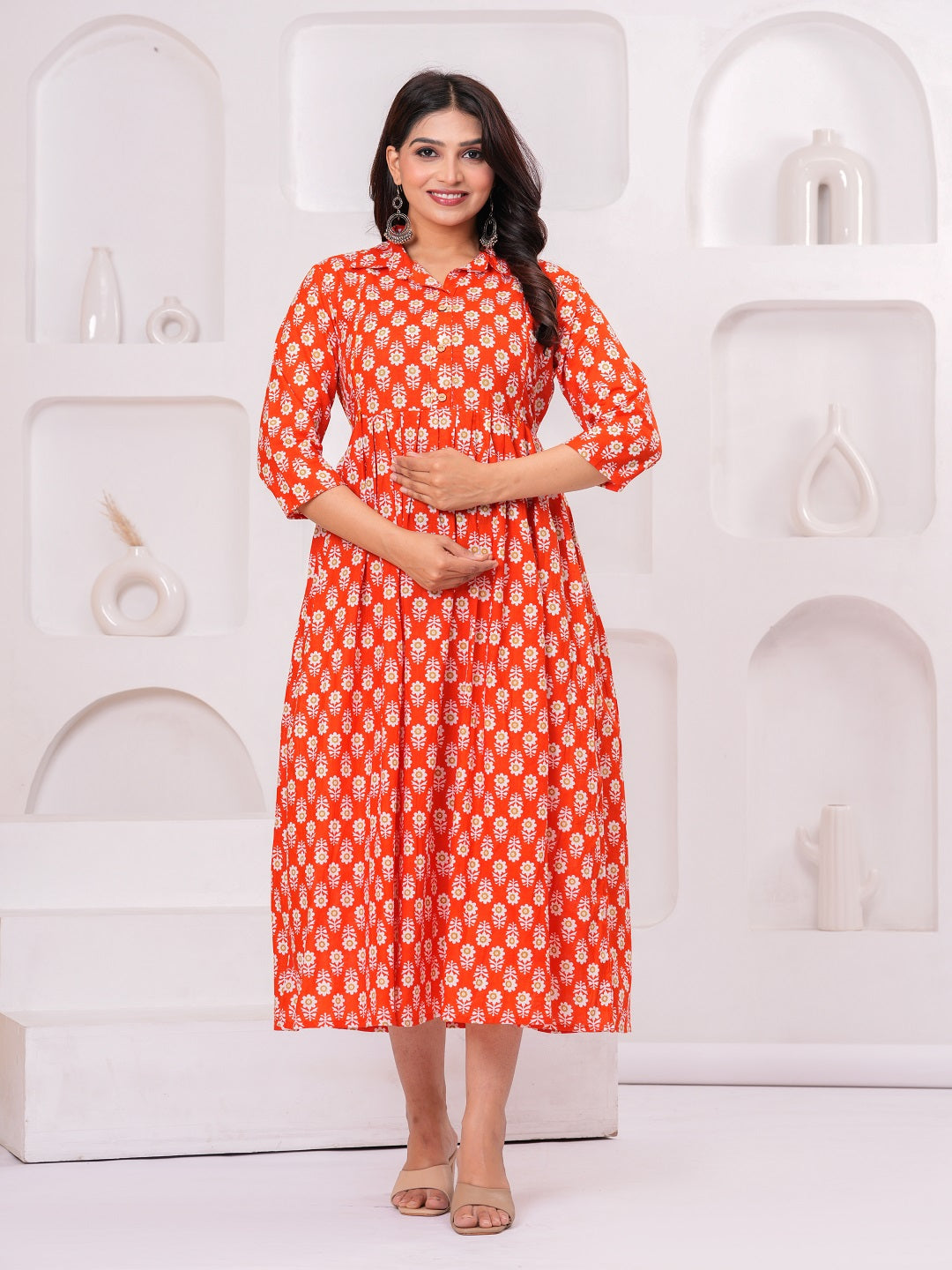 Red smooth cotton maternity and feeding kurti