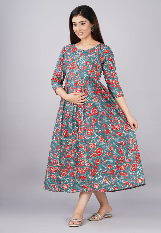 Grey red printed Cotton printed maternity and feeding kurti