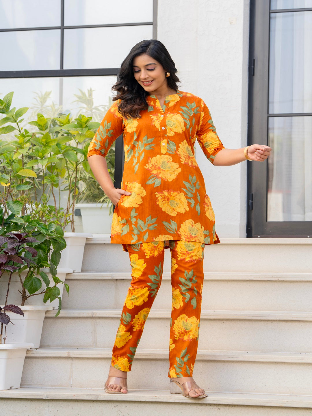 Brown mota pathka cotton printed cord set