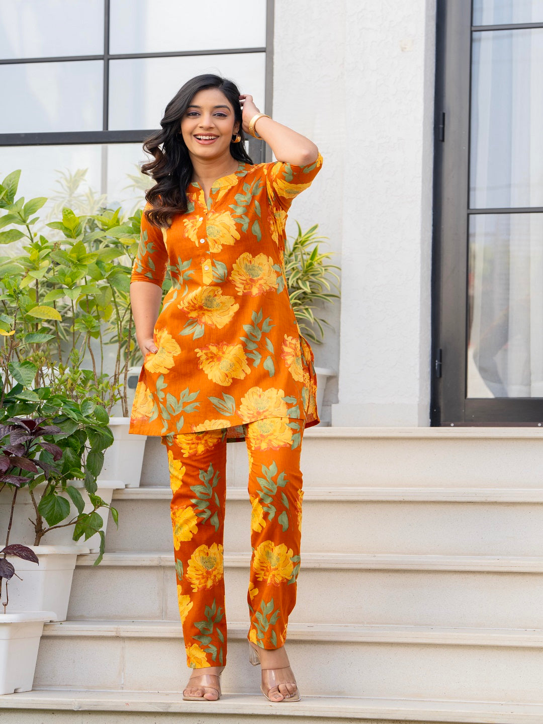 Brown mota pathka cotton printed cord set