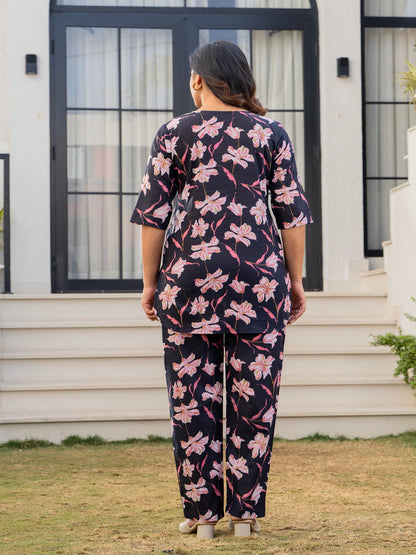 Dark blue white flower cotton printed cord set