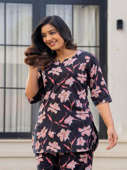 Dark blue white flower cotton printed cord set