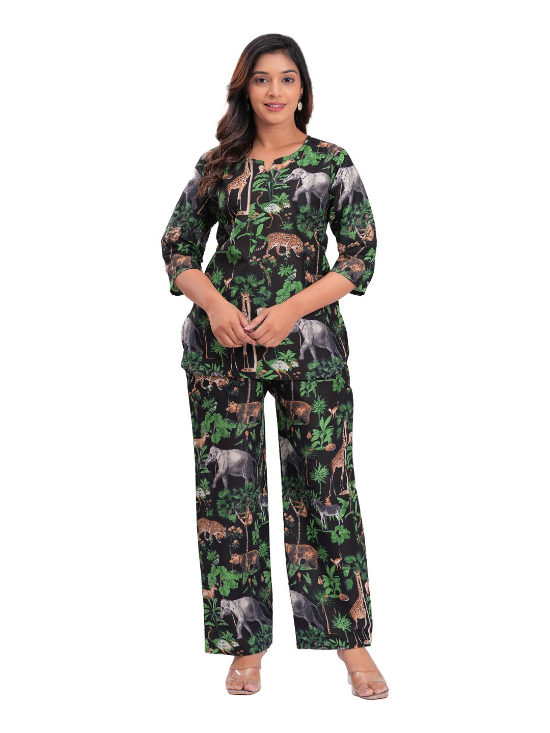 Green animal print cotton cord set