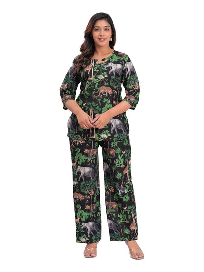 Green animal print cotton cord set