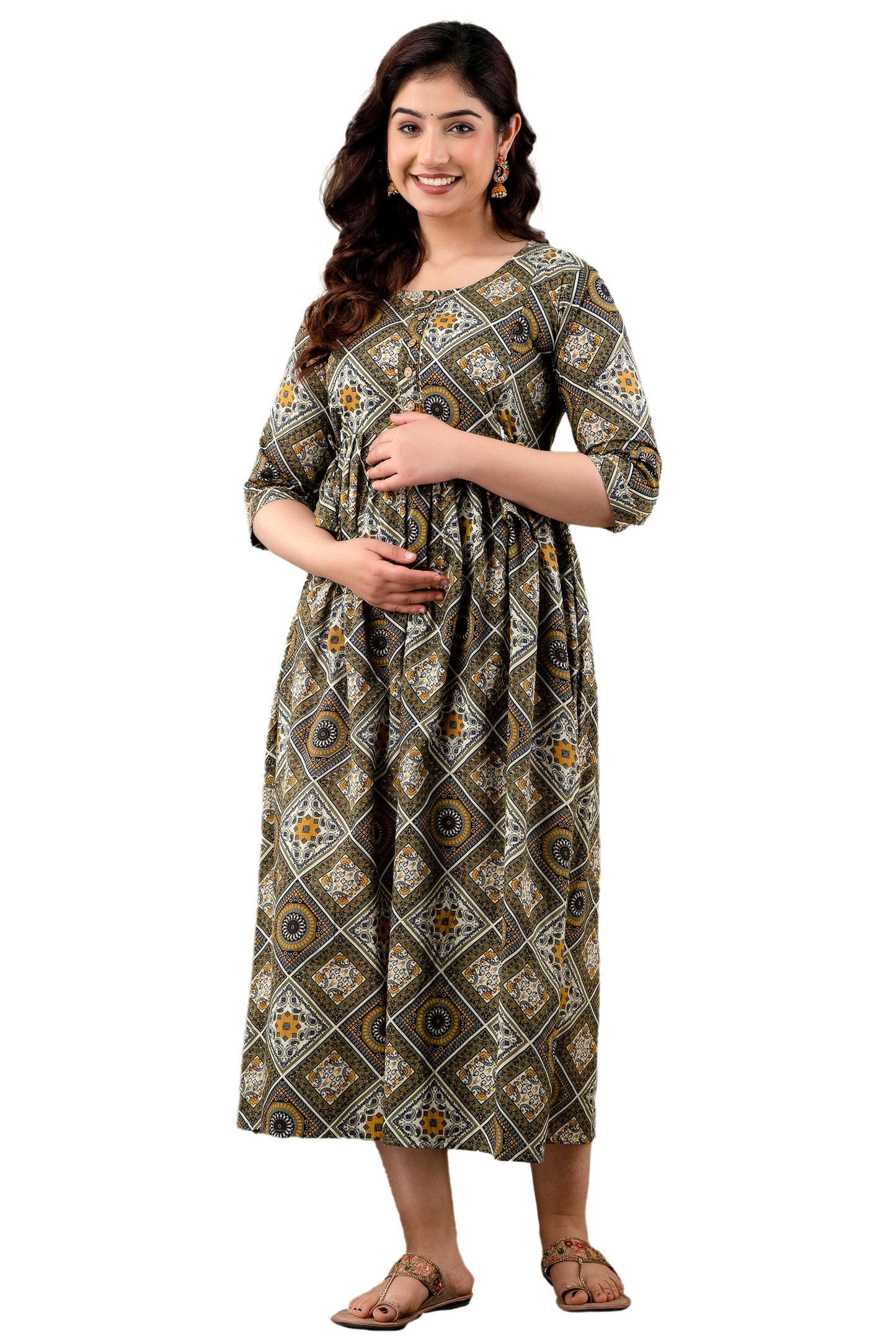 Brown  chock floral Cotton Maternity and Feeding Kurti