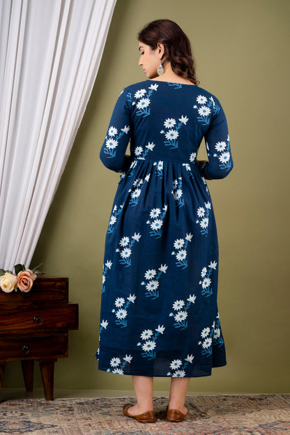 Blue white flower Cotton maternity and feeding kurti