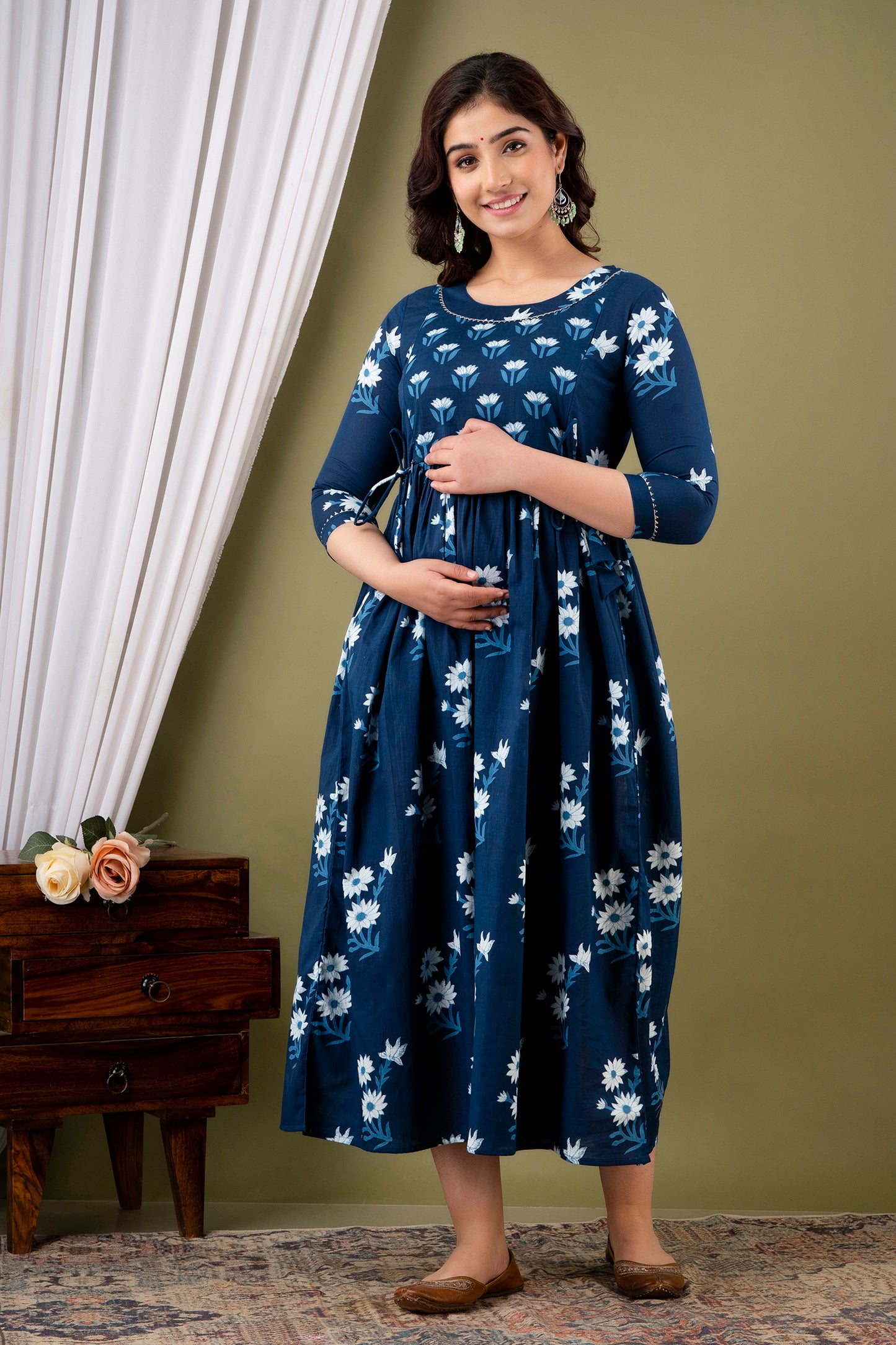 Blue white flower Cotton maternity and feeding kurti