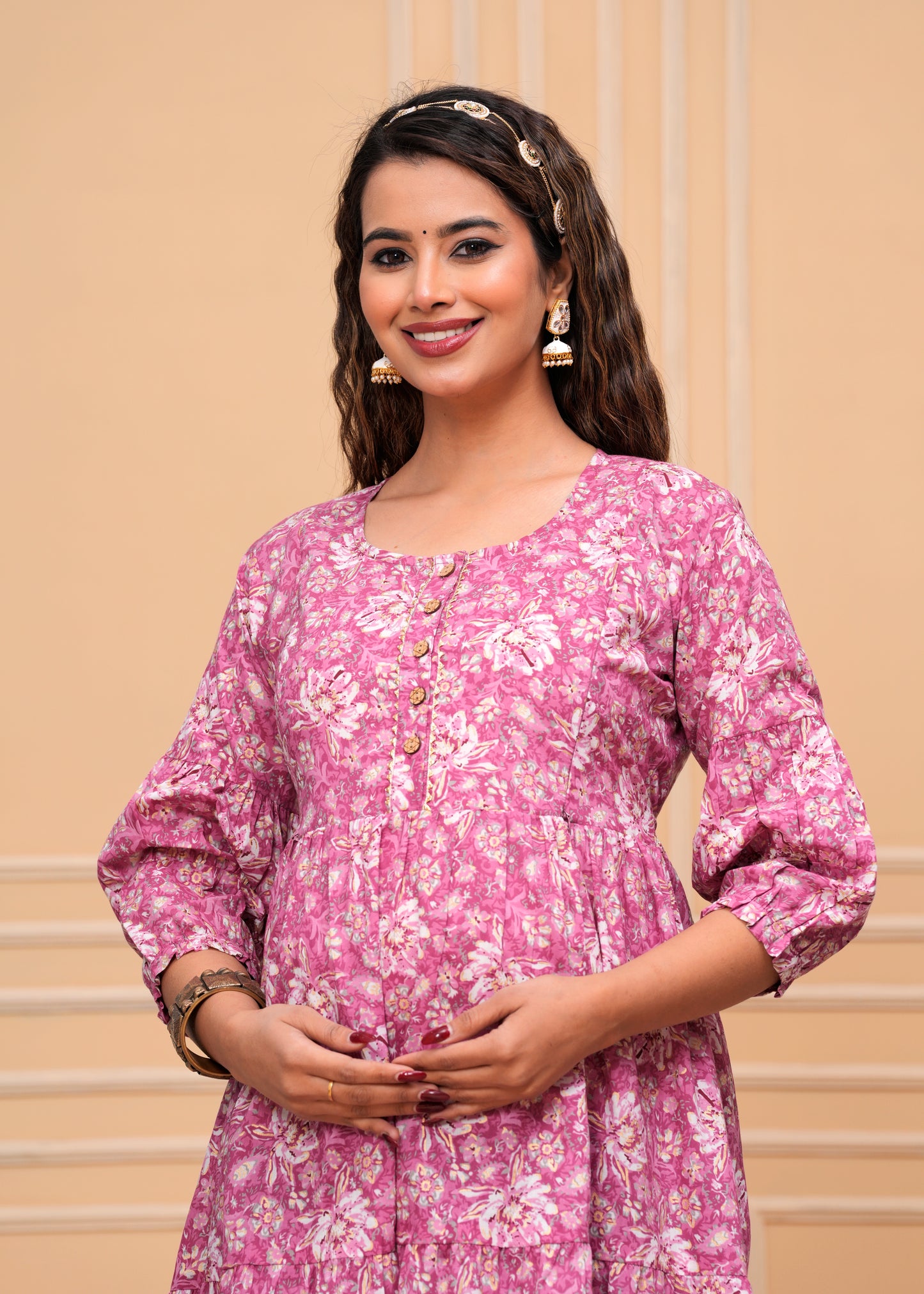 Queen Pink white flower cotton maternity and feeding kurti